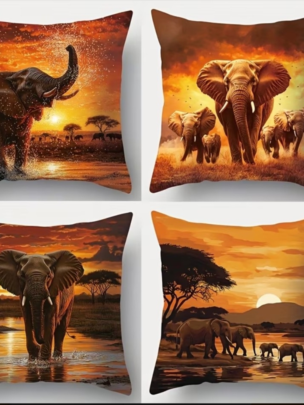 Wildlife Sunset Elephant Accent Pillow - Orange Throw Cushion.       4 PCs